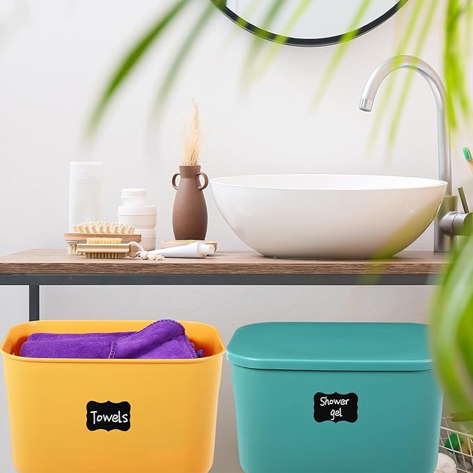 Tanlade 8 Pcs Plastic Storage Bins Stackable Baskets with Lid and Handle Colorful Desktop Storage Box Cubby Containers for Shelf Bedroom Office, Include 1 Erasable Marker, 16 Stickers (10 x 7 x 6 In)