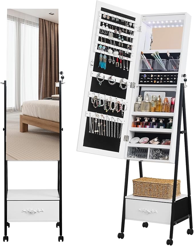 White Floor Standing Mirror Jewelry Full Mirror Armoire Cabinet, Storage Organizer w/LED Light Makeup Mirror for Bedroom Jewelry Boxes & Organizers Standing Jewelry Armoire Jewelry Cabinet 47x42x165CM