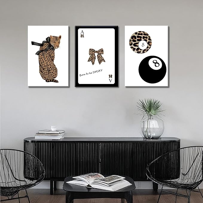 Set of 3 Trendy 8 Ball Leopard Canvas Wall Art Ace Card Bow Wall Decor Pictures Funky Born To Be Lucky Posters Prints Preppy Aesthetic Cheetah Room Decor for Girls Bedroom Apartment Dorm 16x24in