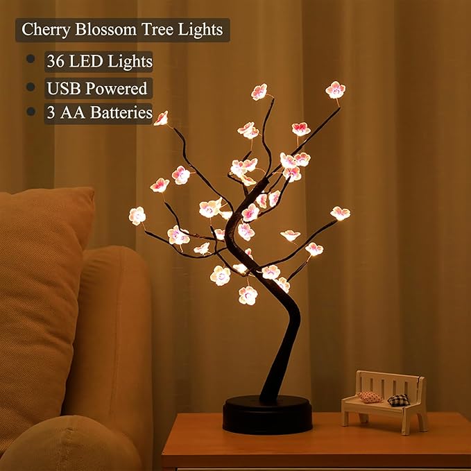 PXBNIUYA 36 LED Cherry Blossom Sparkly Fairy Spirit Tree Lights, Twinkling Tree 3AA&USB Powered, Tabletop DIY Artificial Tree Lamp for Bedroom Christmas Indoor Room Decor Lights (Warm White)