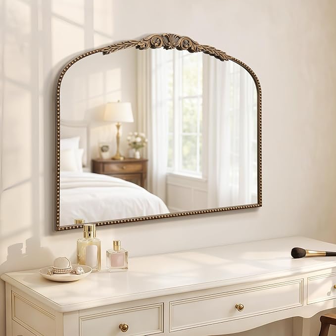 Besdomus Large Gold Vintage Mirror: 29"x 36" French Baroque Bathroom Mirror - Traditional Ornate Antique Arched Mirrors for Wall/Dresser/Mantel/Bedroom/Entryway/Hallway - Home Decor for Living Room