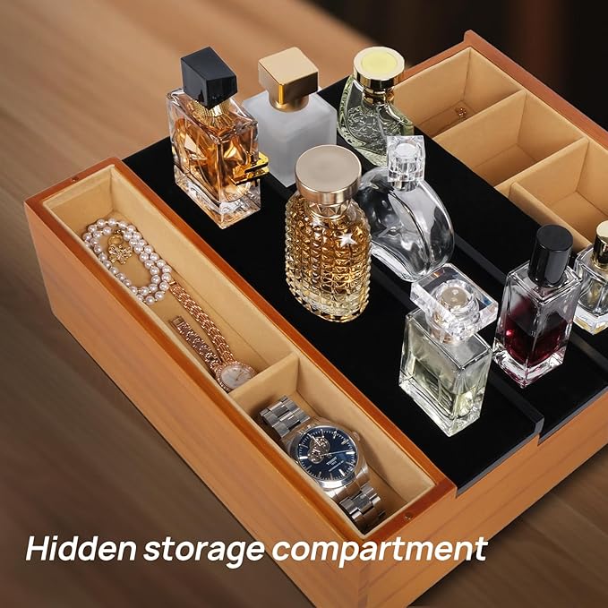 Cologne Organizer for Men，4 Tier Wood Perfume Display Stand with Velvet Lining Drawer and Hidden Compartment ，Perfume Organizer for Men，Great Gift for Man (Walnut Black)