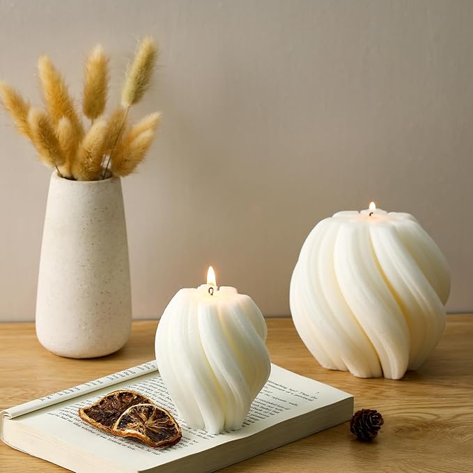 MTLEE 2 Pcs Spiral Swirl Candle Large Aesthetic Pillar Scented Soy Wax Twirl Elegant Decorative Candles Beautiful Housewarming Gift for Home Room Bedroom Shelf Decor(White)