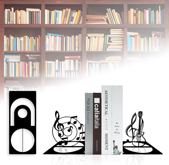Music Note Metal Bookend, Music Bookends, Metal Musical Themed Book Ends, Guitar Bookends, Book Holders for Shelves, Desktop Organizer, Musical Bookshelf Home Decor
