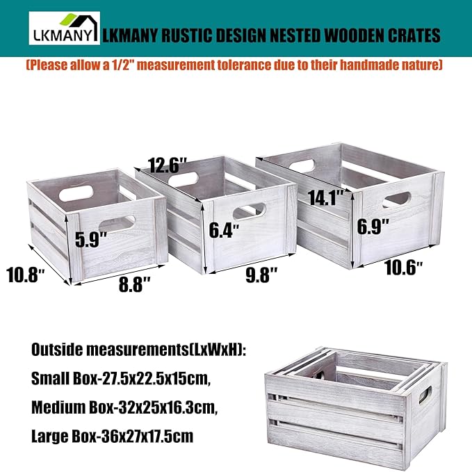 Storage Crates 3 Pcs Wooden Crates Decorative Boxes,Nesting Storage Container Rustic White,Boxes for Storage, Display,Decor