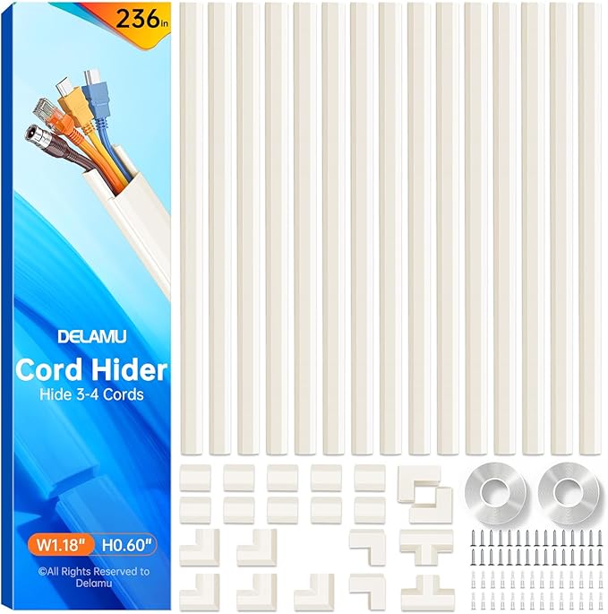 Delamu Beige Cord Hider, 236in Cord Covers for 3-4 Wires on Wall, Beige Cable Hider Wire Covers for Cords, Wire Hiders for TV on Wall, TV Cord Hider Wall to Hide Wires, 15x L15.7 W1.18 H0.6in