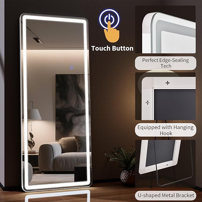 56"x21" LED Full Length Mirror – Standing Floor Body Mirror with Dimmable Lights 3 Color Modes – Adjustable Brightness, Wall-Mount or Leaning for Barber, Fitness Center, Dressing Room