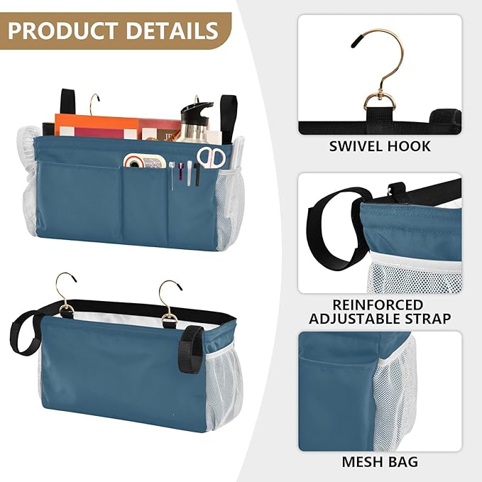 Caribbean Blue Bedside Caddy Storage Bag Bedside Organizer for Bunk Bed Headboards College Bedside Shelf Hanging Organizer 6 Pockets with Hooks for Book Glasses Phone Holder