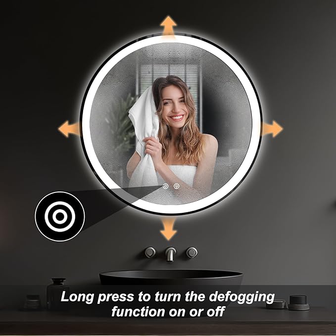Sweetcrispy 36-Inch Round LED Bathroom Backlit Mirror with Lights, Circle Vanity Mirror with Anti-Fog, Dimmable, 3-Color Light, Memory Function, Tempered Glass