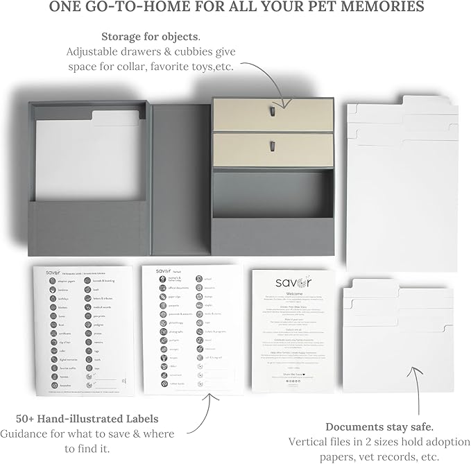 Savor | Pet Memorial Box for Dog, Cat, and Other Pets | Pet Loss Sympathy Gift and Keepsake Box for Vet Records, Tags, Collars, Toys, and More (Gray, Standard Style)