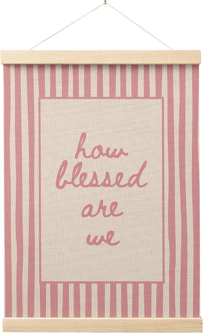 FGFK Trendy Pink Christian How Blessed Are We Wall Art Poster Hanger Frame, Retro Pink Striped Religious Bible Verse Canvas Prints Framed Wall Decor for Home Girls Room Bedroom, 12x16 Inch