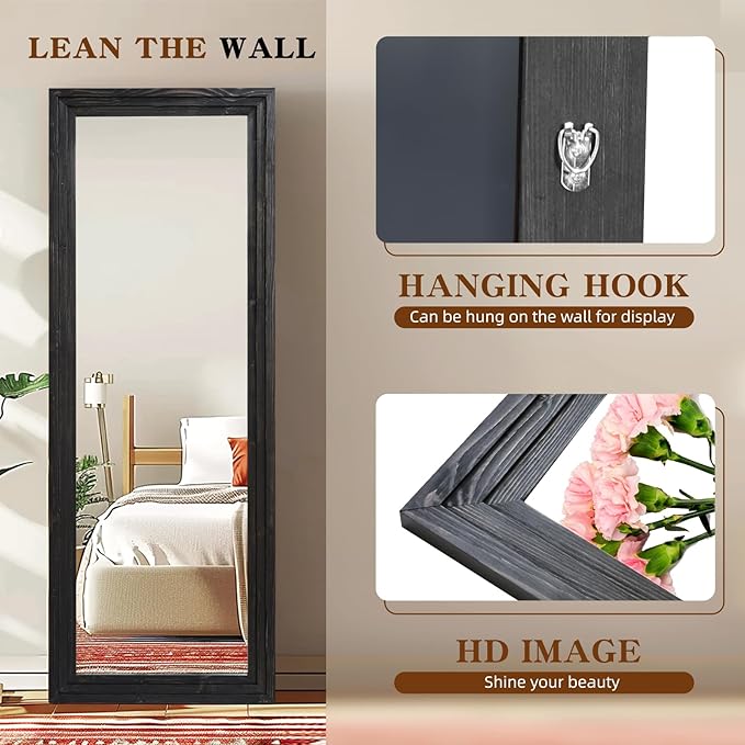 Full Length Mirror 65"x24" Solid Wood Frame Floor Large Mirror for Living Room, Bedroom Hanging or Leaning Wall-Mounted, Black