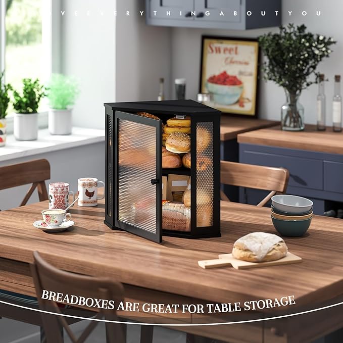 STDDRE Corner Bread Box Kitchen Countertop Extra Large Capacity Farmhouse Bread Box, Corner Countertop Storage, Double Layer Bread Holder (Black, Extra Large)