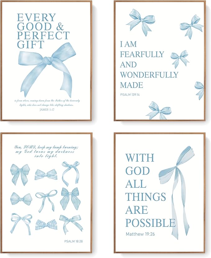 LARTSFRO Coquette Blue Bow Wall Art Decor Posters, Baby Blue Bow Room Bedroom Bathroom Dorm Wall Art Decor Aesthetic for College Teen Girls Gifts, Inspirational Bible Verses Bow Wall Decor, 12x16 Inch Set of 4 Pcs Bow Pictures (UNFRAMED)