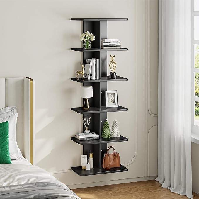 REIBII 6 Tier Floating Shelves, Vertical Column Black Wall Shelves for Home Decor, Floating Shelf for Living Room, Bedroom, Office