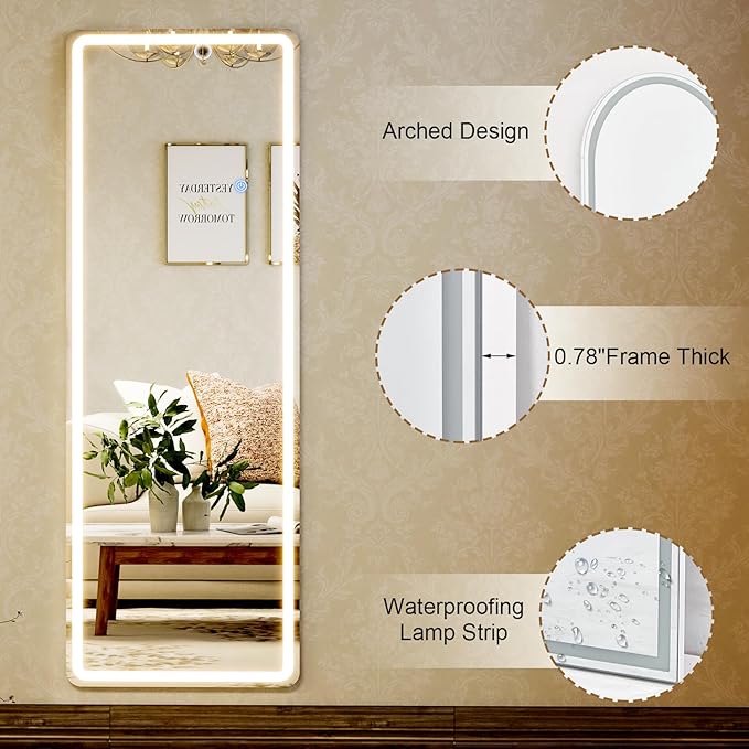 GLSLAND LED Full Length Mirror - 56" x 20" Floor Standing Mirror with Light for Bedroom/Cloakroom -Dimmable & 3 Color Lighting/Wall Mounted Full Body Mirrors