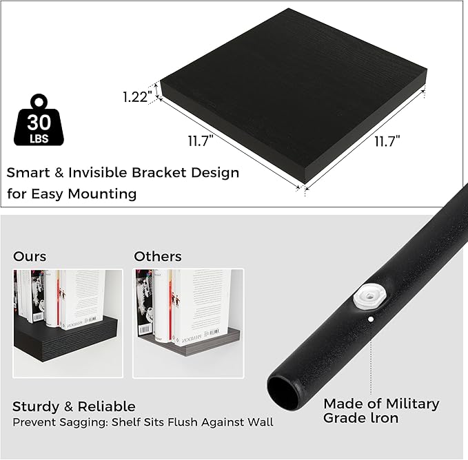 Square Floating Shelves for Wall 12"W x 12"D x 1.2"H, Small Engineered Wood Wall Shelves with Invisible Brackets for Living Room Bedroom Bathroom Office Kitchen Storage Decor, Black Finish, Set of 3