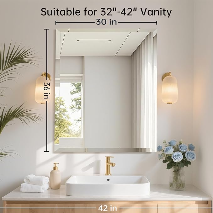 30x36 Inch Rectangle Frameless Mirror, Beveled Bathroom Mirror, Frameless Wall Mirror with 1" Beveled Edge for Bathroom Vanity, Entryway, Living Room