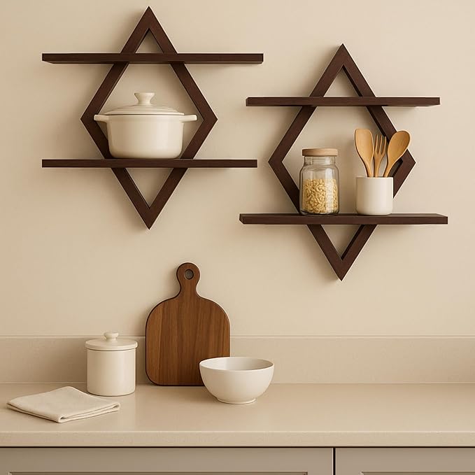 Floating Shelves for Wall,Decorative Wall Shelf,2 Tier Hanging Shelf for Plants Storage Display Holder,Indoor Decor for Living Room Home Office Bathroom Bedroom,Solid Wood,Diamond Shaped,2 Pack,Walnut