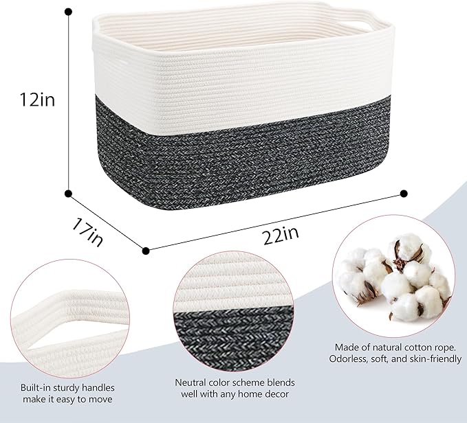 MEGASKET Extra Large Toy Box, 22" x 17" x 12" Rectangle Blanket Basket Living Room, Woven Cotton Rope Baskets for Storage, Soft Toy Storage Organizer Bin Chest, Kids Toy Box fo Living Room