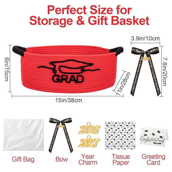 Colingmill 2026 Graduations Gift Basket Empty to Fill, Woven Rope Basket 15" x 11" x 6" Decorative Storage Baskets with Gift Bag, Bow, Tissue Paper & Year Charm(Red,Black,Graduation)
