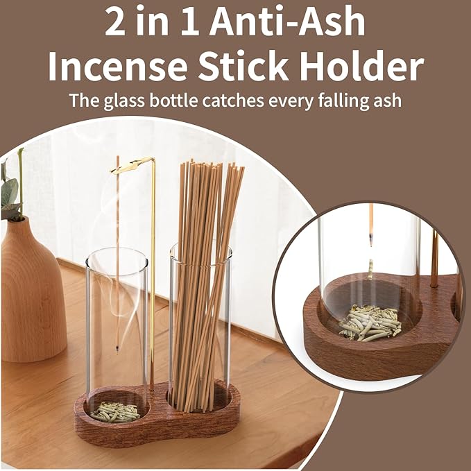 NANATI 2 in 1 Incense Holder for Sticks, Anti-Ash Incense Holder, Upside Down Incense Burner Holder with Glass Ash Catcher & Incense Storage for Yoga Spa Meditation Home Decor