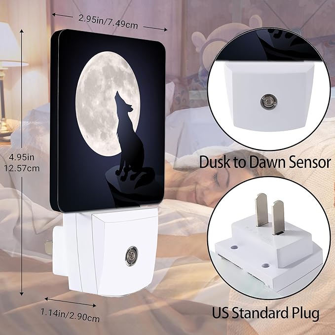 Black Wolf Moon Night Light, Dusk to Dawn Smart Sensor Nightlight for Bedroom Bathroom Kitchen Hallway Stairs Hallway, Plug-in, Energy Efficient Decor Desk Lamp Gifts