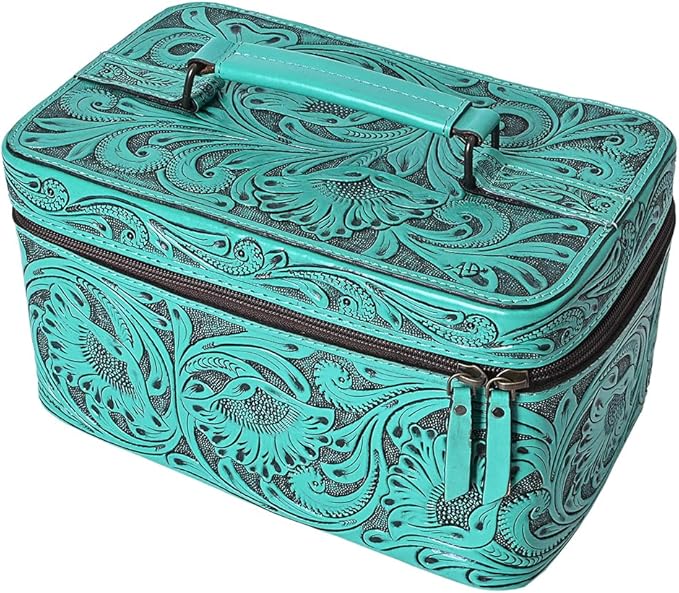 American Darling Western Hand Tooled Leather Jewelry Case | Handcrafted Travel Makeup Bag with Handle and Divided Interior