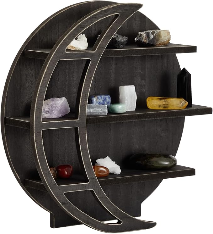 Farmlyn Creek Wooden Moon Shelf - Polished Gothic Wall Decor - Crystal Shelf Display & Essential Oil Organizer - Home Decor Accent - 12 x 12 x 3 in, Rustic Black