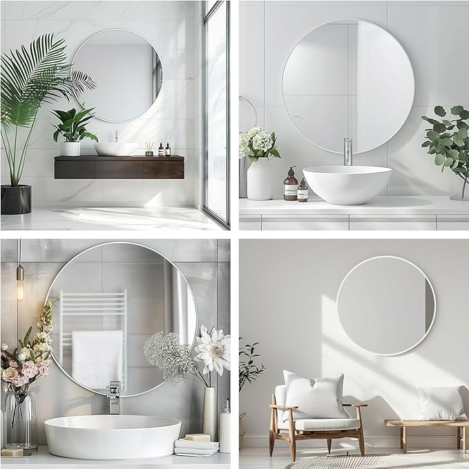 White Round Mirror, 24 Inch White Circle Mirror, Metal Frame Round Wall Mounted Mirrors for Bathroom, Living Room, Bedroom, Entryway, Vanity