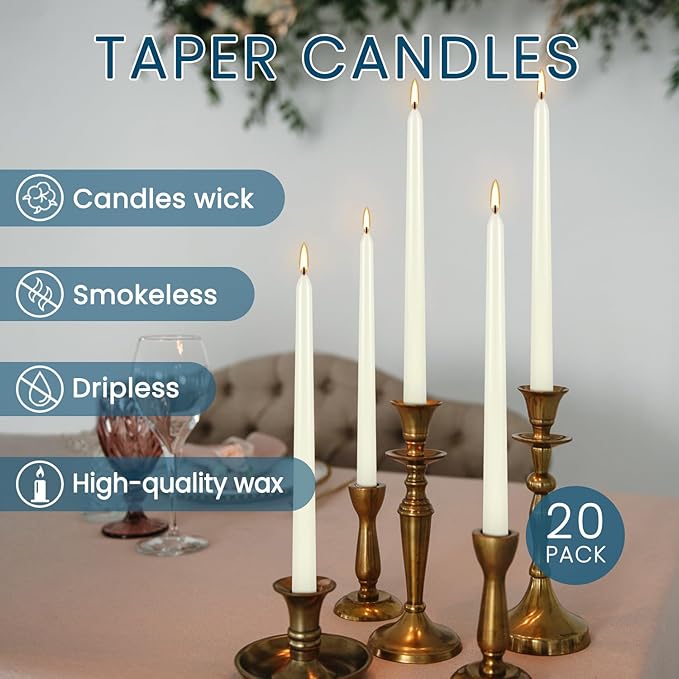 Howemon 20 Pack Ivory Taper Candles 12 Inch Tall 3/4 Inch Thick Burn 10 Hours