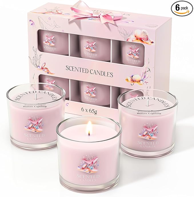 CHILLFLAME Scented Candles Gifts for Women, Candle Gift Set for Her, 6 Pink Ocean Candles, Birthday Gifts for Women/Men (Pink, 14 oz)