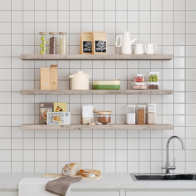 RALGEND Floating Shelves for Wall, 1.5" Thick Wall Shelf Set of 3 with Invisible Brackets, L47.2 x W7.9 Hanging Book Shelves Farmhouse Home Decor for Bathroom, Living Room, Bedroom, Greige 12301BJP3BG
