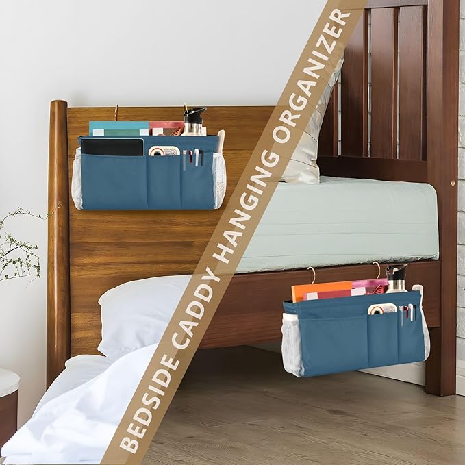 Caribbean Blue Bedside Caddy Storage Bag Bedside Organizer for Bunk Bed Headboards College Bedside Shelf Hanging Organizer 6 Pockets with Hooks for Book Glasses Phone Holder