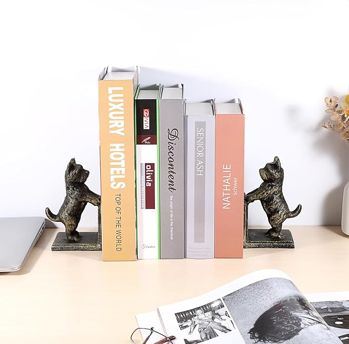 2 Pack Dog Decorative Bookends for Shelf - Cast Iron Book Ends Cute Dog Bookend Support for Home Decor, Heavy Duty Book Stands Vintage Antique Shelf Decor for Reading Enthusiasts or Dog Lovers