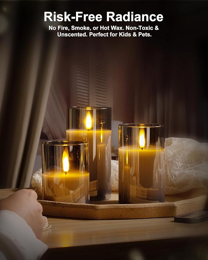 Stmarry Glass Flameless Candles with Remote and Timer, Flickering Real Wax LED Pillar Candles Battery Operated with 3D Flickering Flame - 3" x 4",5",6" - Set of 3 (Gray)