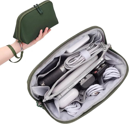 FYY Travel Cable Organizer - 8 Compartments Lightweight Water Resistant Tech Pouch with Wrist Strap, Electronic Accessories Case for Cord Charger Storage for Travel Home Office, Green (Medium)