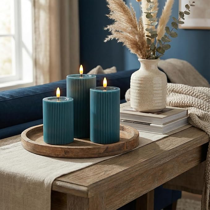 Fluted Ribbed LED Pillar Candles, Blue, with Reflective Melted-Wax Effect – Flickering Flame, Remote, Dimmable, Flameless, Battery Operated, Home & Wedding Decor (Set of 3)