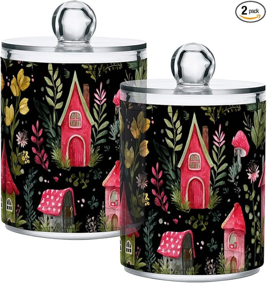 2 Pack Apothecary Jars Watercolor Red House Dark Bathroom Vanity Storage Organizer Set,Small Clear Plastic Storage Jars Bathroom Canister for Cotton Swabs, Rounds, Balls, Qtips,Makeup Sponges,