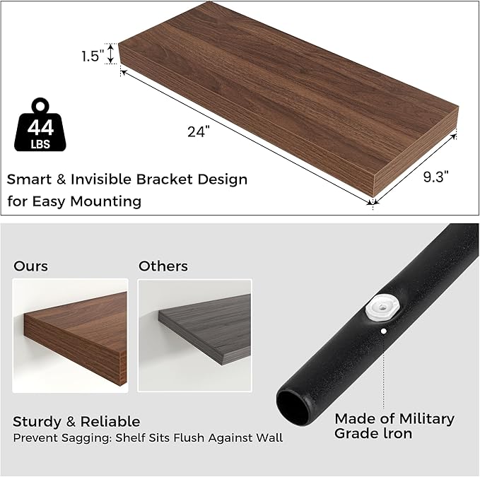 Venusmiles Floating Shelves for Wall, Engineered Wood Wall Shelves with Invisible Brackets for Living Room Bedroom Bathroom Office Kitchen Decor and Storage (Walnut, 24" W x 9" D x 1.5" H) Set of 2
