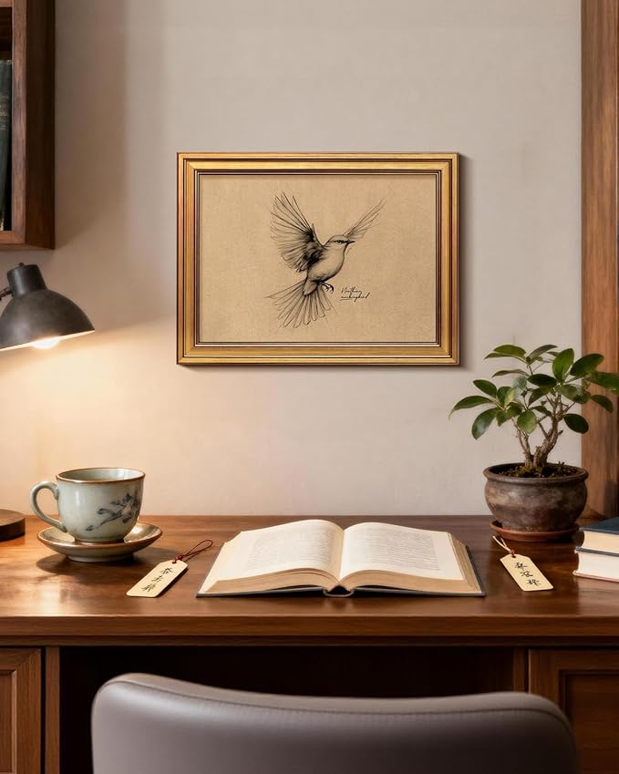 Bzstyleart Vintage Wall Art Decor, Gold Framed Wall Art Decor Vintage Birds Prints Texas State Bird Home Decor Aesthetic, Sketch Painting Picture Bird Artwork for Living Room, 12L x 16W