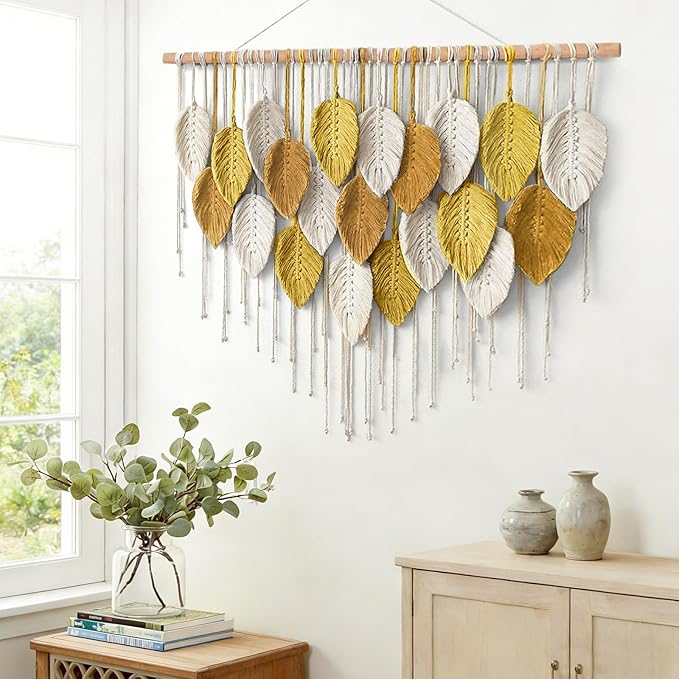 KHOYIME Large Macrame Wall Hanging Boho Woven Tapestry, Bohemian Farmhouse Handmade Yellow Leaf Feather Wall Art Chic Modern Home Decoration for Living Room Bedroom Nursery Dorm Backdrop 39"W X 29.5"L
