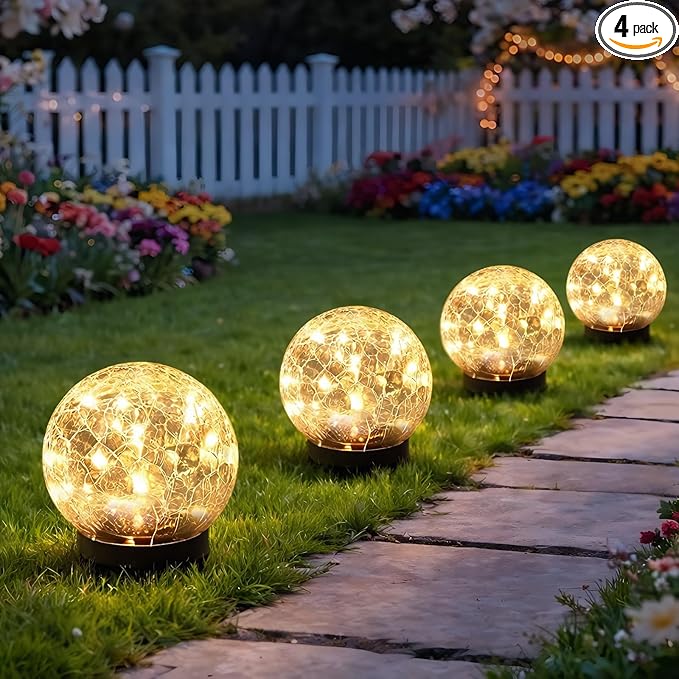 SyouHome Solar Garden Lights Outdoor Waterproof, 4 Pack 30 LEDs Cracked Glass Ball Light, Ground Landscape Garden Decor, Solar Globe Decorative for Pathway/Patio/Lawn/Yard