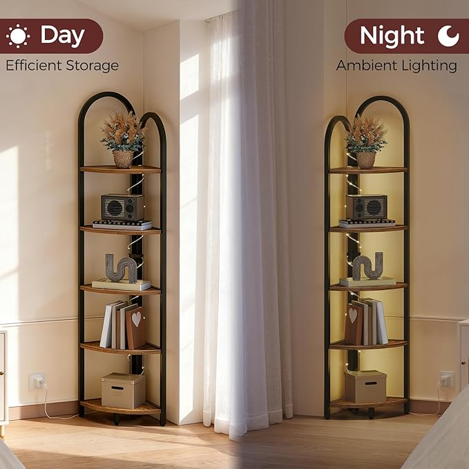 MAHANCRIS 5-Tier Corner Shelf with LED Light, 64.6'' Arched Corner Bookshelf, Narrow Storage Shelf with Metal Frame, for Living Room, Bedroom, Small Spaces, Rustic Brown and Black CSHR55101