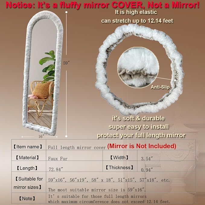 Fluffy Mirror Cover - 59"x16" Full Length Ultra Soft Non-Slip Cover Universal Stretch Cover Warm Home Decor for Bedroom Cloakroom (White-Without Mirror)