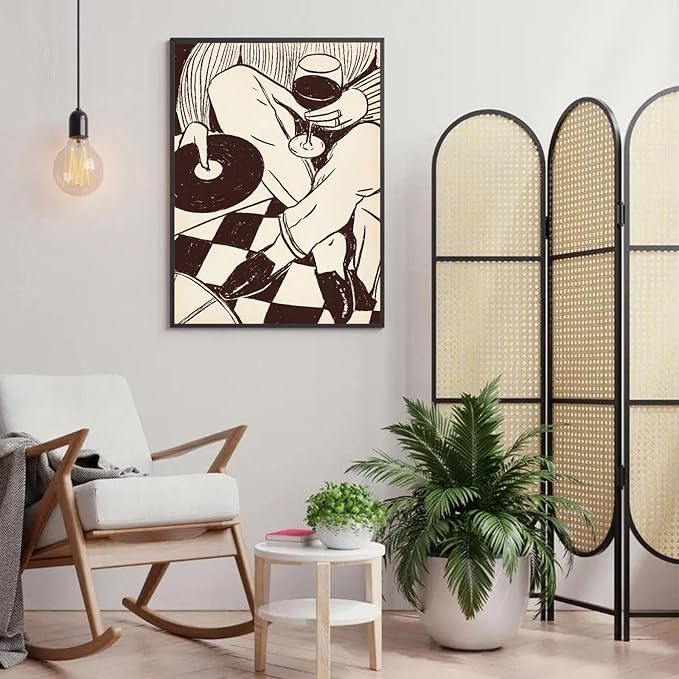 Retro Canvas Wall Art Retro Wine Music Wall Art Vintage Vinyl Record Posters Trendy 90s Abstract Watercolor Canvas Print Funny Bar Cart Decor for Music Room Bar Bedroom Home Decor, 16x24in Unframed