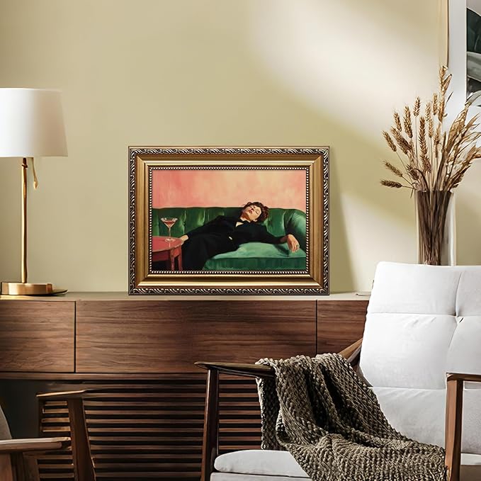 KBKBART Vintage Gold Framed Wall Art, Moody Wall Decor, Funky Victorian Woman on Couch with Martini Picture Canvas Paintings Artist for Bedroom Living Room Home Office Bathroom Decor 12x16Inch