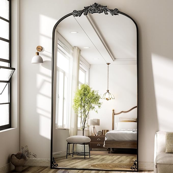 GLSLAND Vintage Mirror - 72"x 44" Full Length Mirror Large Carved Arched with Metal Frame Baroque Full Body Mirrors for Bathroom/Living Room/Entryway,Black