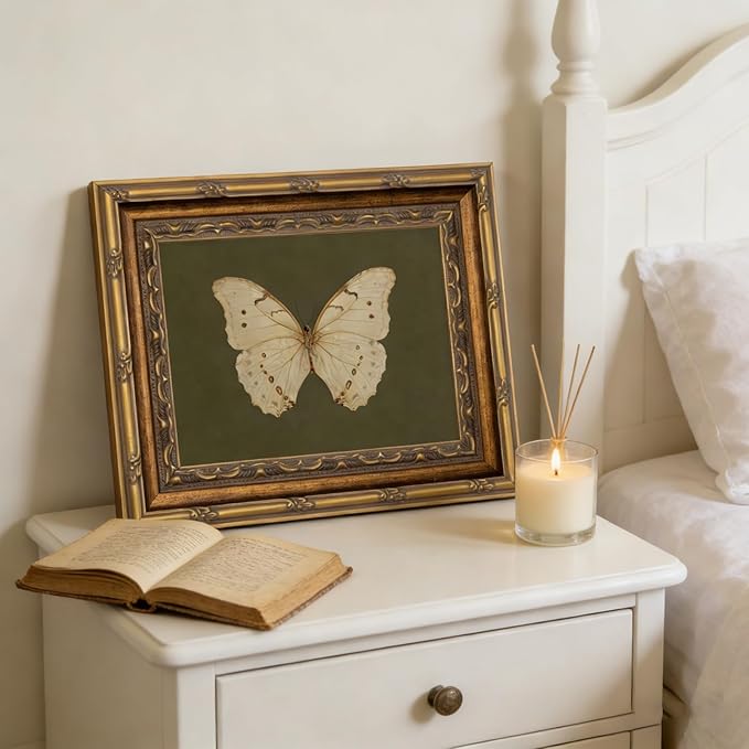 Vintage Gold Framed Wall Art Classical White Butterfly Wall Art Small Moody Insect Green Wall Decor Picture Antique Cottagecore Moth Gallery Aesthetic Poster Print for Living Room Bedroom 12x16in