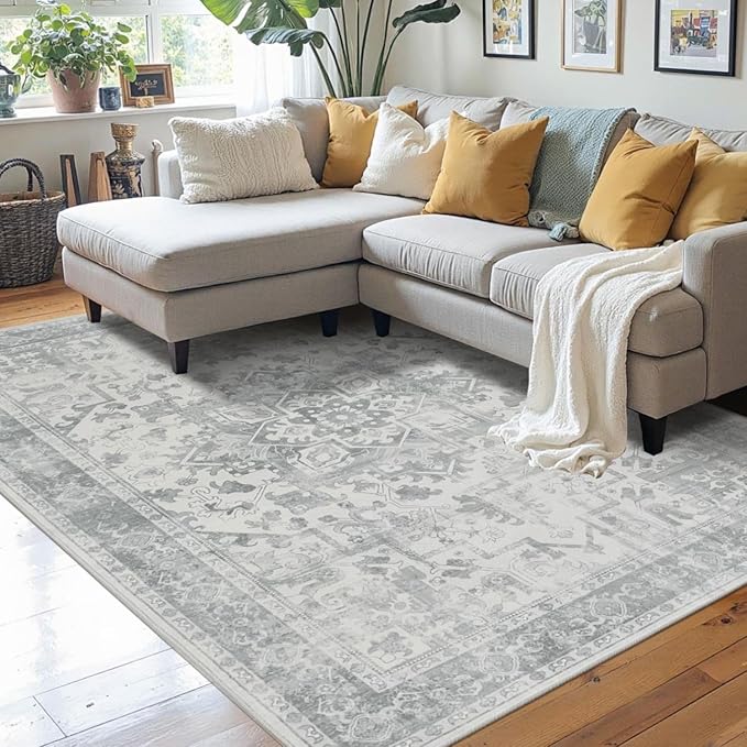 Rugxara Washable Area Rug for Living Room, Neutral Vintage Boho Rugs for Office, Dining Room, Kids Room, Farmhouse, Durable Low Pile Non Slip Carpet for High Traffic Areas, Light Grey(4x6ft)